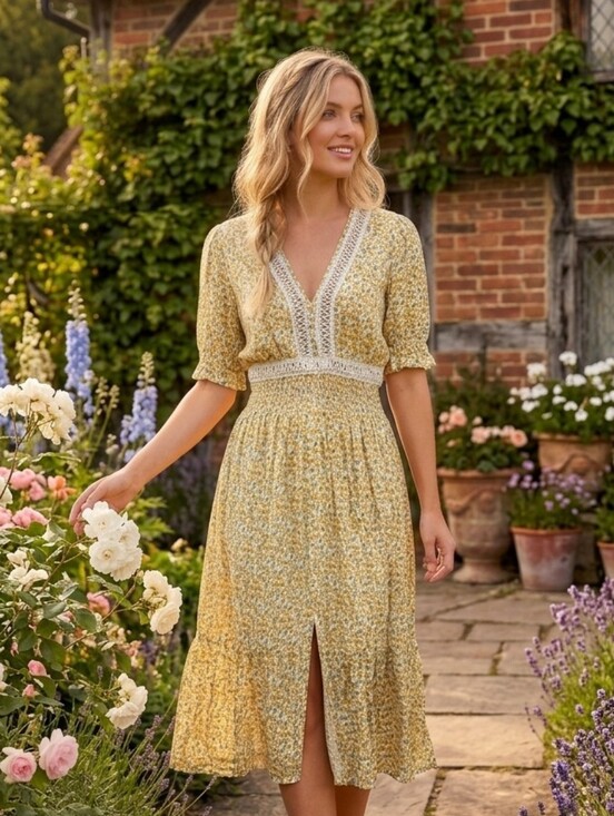 Elan Dresses & Skirts - Elan Daisy Yellow Floral Crochet Trim Midi Dress Cottagecore Boho Smocked Small